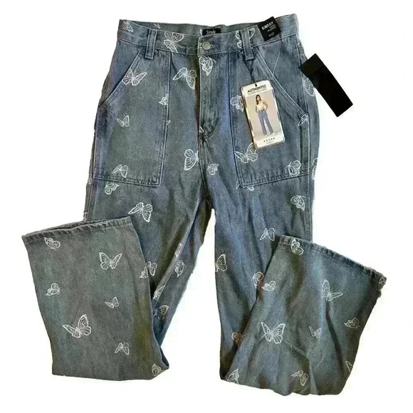 Simple Society Womens 5/27 Super High Rise Baggy Denim Jeans Butterfly Print - Picture 1 of 10